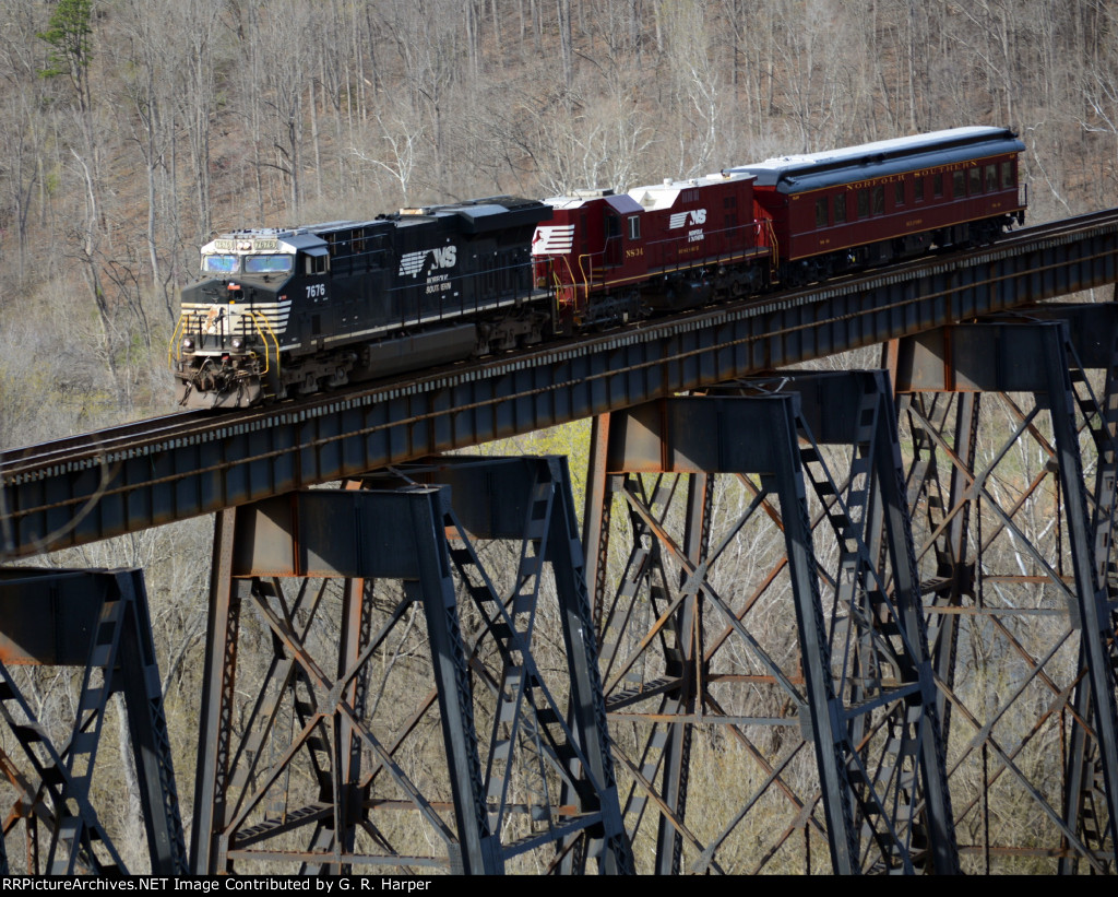 Close up of research and test train 90G on the James River trestle